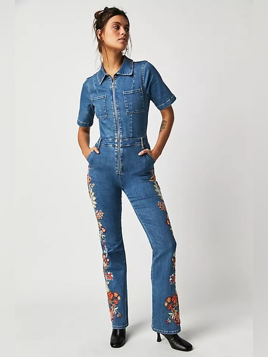 Free People Pants - Free People Driftwood Embroidered Jumpsuit Size M EUC